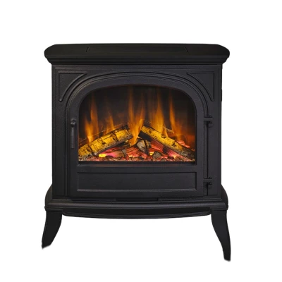 Hinton Cast Iron Electric Fireplace by British Fires in black, featuring a freestanding cast iron design with remote and panel c