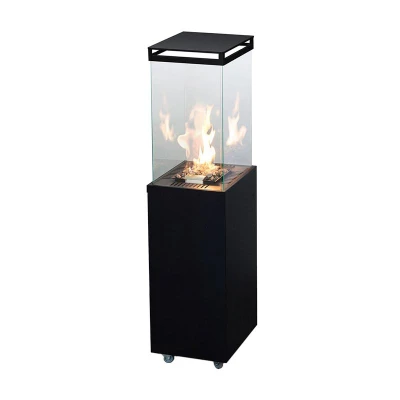 Lighthouse Outdoor Fireplace in black with manual control, designed for outdoor heating and ambiance.