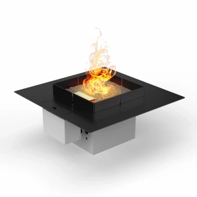 Mico 500 Automatic outdoor gas fireplace in black with remote control and automatic operation.