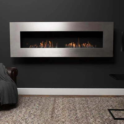 Icon Fires Nero 1750 Wall Fire in brushed steel – a modern wall-mounted bioethanol fireplace with 9.8 kW heat output and manual 