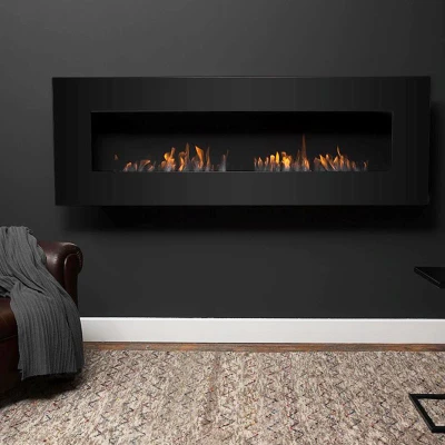 Icon Fires Nero 1750 Wall Fire in black, a stylish wall-mounted bioethanol fireplace with a 175 cm length, 9.8 kW heat output, a