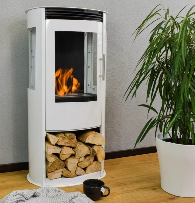 Lincoln Bioethanol Wood-burning Stove in White by ScandiFlames, featuring a sleek design with a clean-burning flame.
