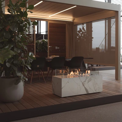 Planika Cabo Daze / Laurent bioethanol fireplace in brushed steel with automatic control, ideal for outdoor use.