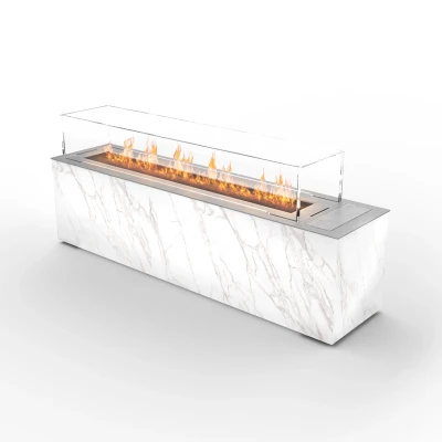 Planika Cabo Daze / Laurent bioethanol fireplace in brushed steel with automatic control, ideal for outdoor use.