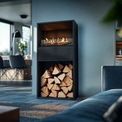 Planika Cottage Logbox bioethanol fireplace – a stylish, automatic free-standing fireplace for modern interiors, offering clean-