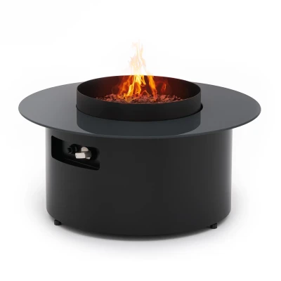 Dot Outdoor Freestanding Gas Fireplace in matte black with manual control and 8kW heat output, perfect for outdoor spaces.