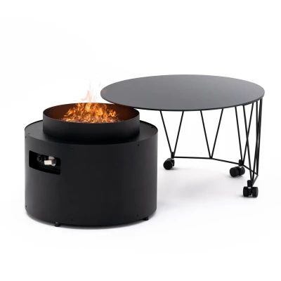 Drum Freestanding Outdoor Gas Fire Table from Planika Fires in a sleek black matte finish, designed for outdoor spaces.