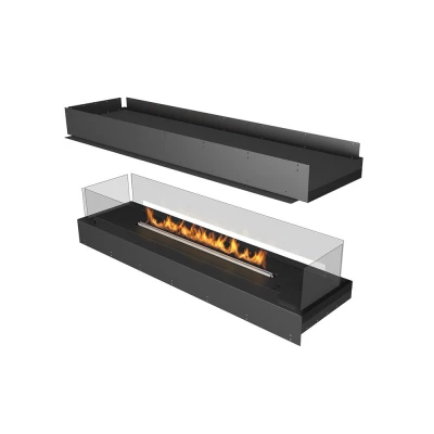 Forma 1500 Island bioethanol fireplace in black with four-sided open design and advanced control options.