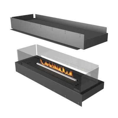 Forma 1000 Island bioethanol fireplace in sleek black finish with four-sided flame view.