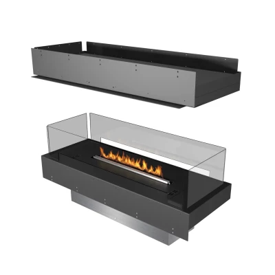 Forma 800 Island bioethanol fireplace with sleek black finish, four-sided design, and automatic control for modern interiors.