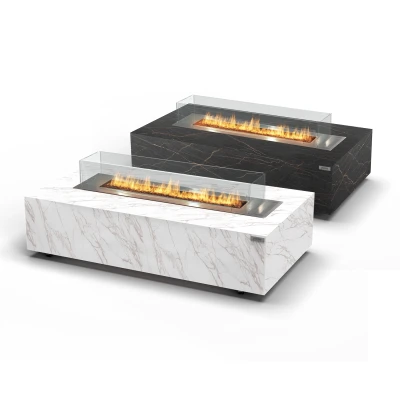 Galaxy Table outdoor gas fire table in black and white with remote control operation and elegant design.