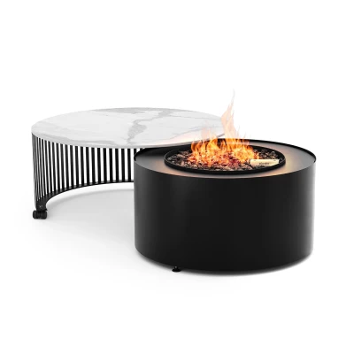 Pivot Gas Fire Table – A sleek and modern outdoor gas fireplace available in black or white, featuring an 80 cm length and remot