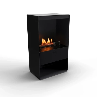 Senso Stove Bioethanol Fireplace in black with automatic control, 1.3-litre capacity, and 2.5 kW heat output.