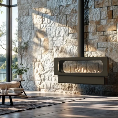 UFO Suspended bioethanol fireplace in black finish, ceiling-mounted with remote control functionality.