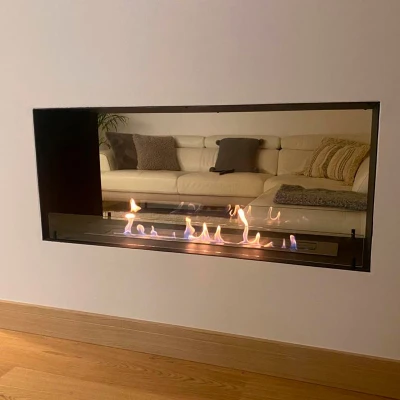 Foco Two 1200 Bioethanol Fireplace | Buy Now Foco Two 1200 bioethanol fireplace – a sleek, built-in see-through design in black, offering remote control, automatic, and manu