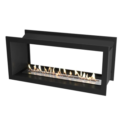 Icon Slimline Firebox FBDS1100 Black – A stylish built-in see-through bioethanol fireplace with a black finish, offering 8 hours