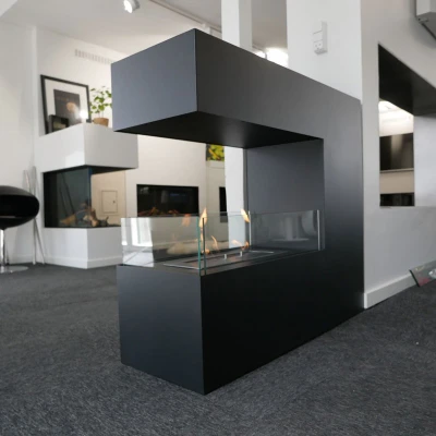Topeka Black 3-Sided Bio Fireplace by ScandiFlames, a sleek freestanding bioethanol fireplace with a modern steel design and thr