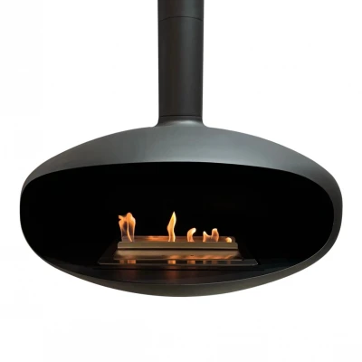 ICONIC ceiling-mounted bioethanol fireplace by Icon Fires in black, featuring a modern design and manual control.