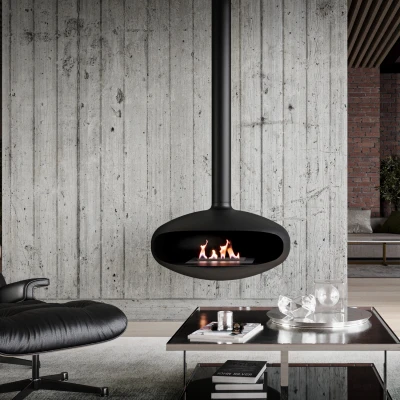 ICONIC ceiling-mounted bioethanol fireplace by Icon Fires in black, featuring a modern design and manual control.