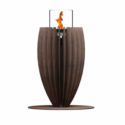 Tuli Gas Heater by GlammFire in Corten Steel, a stylish outdoor gas fireplace with a rust-like finish.