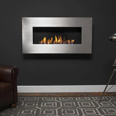 Icon Fires Nero 1150 Wall Fire in brushed steel, a modern wall-mounted bioethanol fireplace with manual control and 5.4 kW heat 