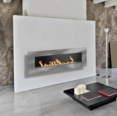 Icon Fires Nero 1450 Wall Fire - Brushed Steel, a sleek and modern wall-mounted bioethanol fireplace offering efficient heating 