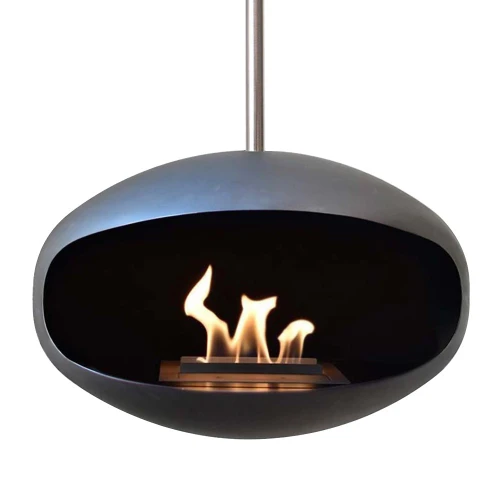 Cocoon Aeris Black with Steel Mounting Pole – a modern ceiling-mounted bioethanol fireplace with a sleek black finish and durabl