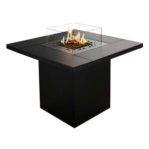 Square Table Outdoor Gas Fireplace in black with a sleek, modern design, offering 10 kW heat output for cosy outdoor settings.