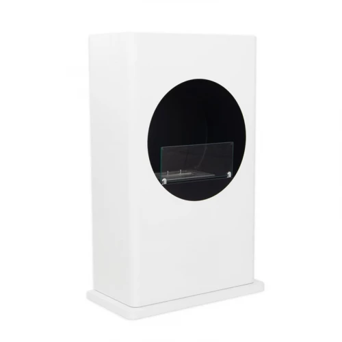ScandiFlames White Bioethanol Fireplace with Round Cutout – Floor-standing, modern design, 1.2-litre capacity, 6-hour burn time.