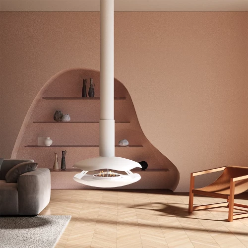 Perola - White by GlammFire, a ceiling-mounted bioethanol fireplace with a sleek white finish, 2L capacity, and 6-hour burn time