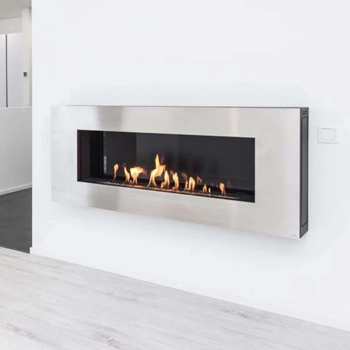 Apollo - Brushed Steel bioethanol fireplace by GlammFire, wall-mounted with a brushed steel finish, modern design, and remote co