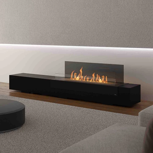 GlammFire Loft Black bioethanol fireplace, a stylish floor-standing model with remote control and 8-hour burn time.