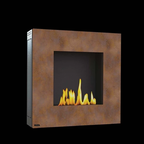 GlammFire Lotus Corten Steel wall-mounted bioethanol fireplace with a rust-like corten steel finish, offering modern elegance an