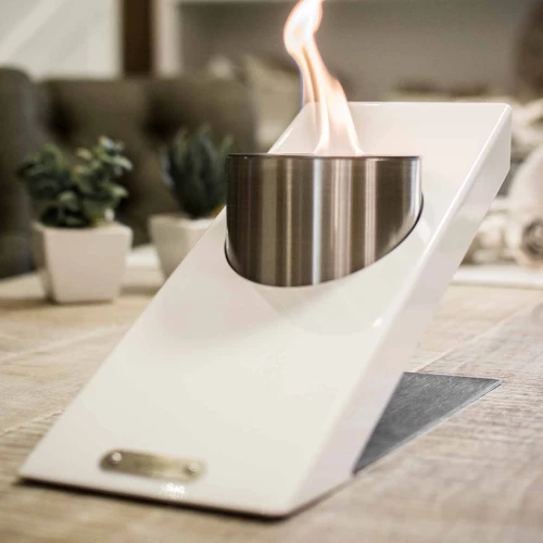 Oblique Single Table Fireplace - White by GlammFire, a stylish tabletop bioethanol fireplace with a sleek modern design.