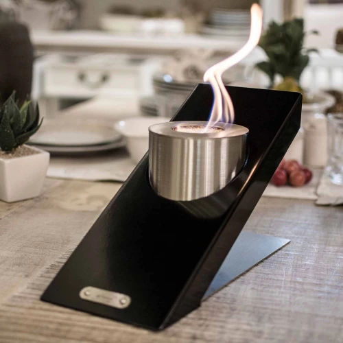 Oblique Single Table Fireplace - Black by GlammFire, a stylish tabletop bioethanol fireplace with a sleek design.
