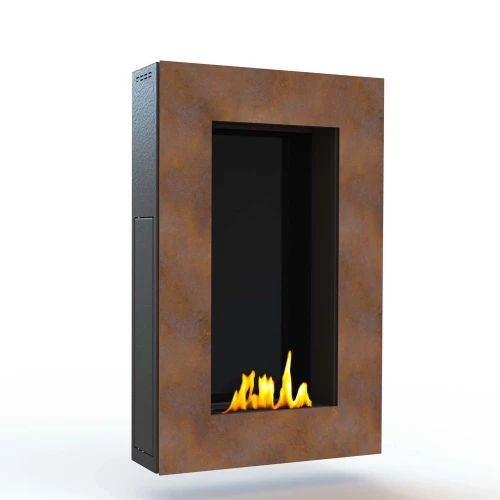GlammFire Tango Corten Steel wall-mounted bioethanol fireplace with rust-finished corten steel design.