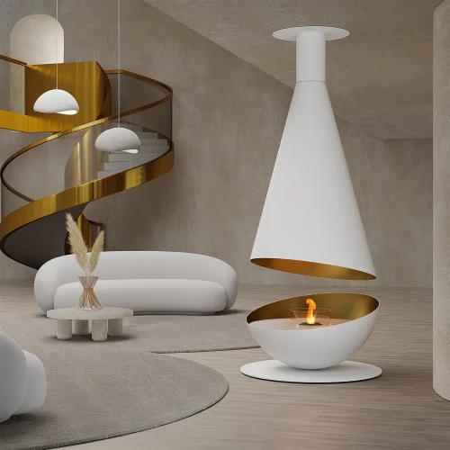 Thales - White ceiling-mounted bioethanol fireplace by GlammFire, featuring a modern design and remote control functionality.