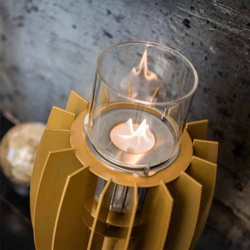 Tuli Table Fireplace - Golden by GlammFire. Elegant gold tabletop bioethanol fireplace with a 3-hour burn time.