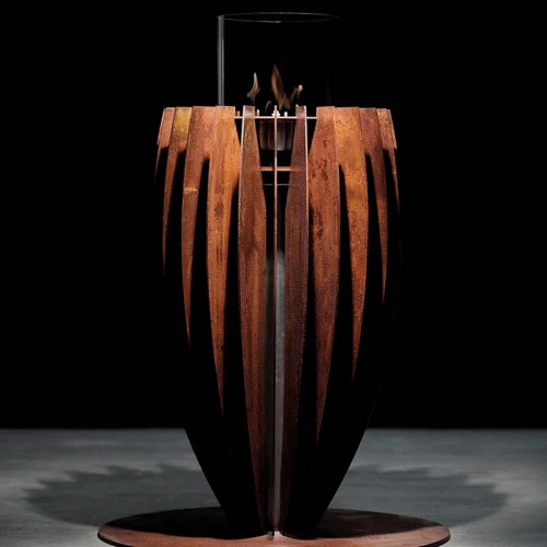Tuli Corten Steel bioethanol fireplace by GlammFire, featuring a rust-finished corten steel design, manual control, and 6-hour b