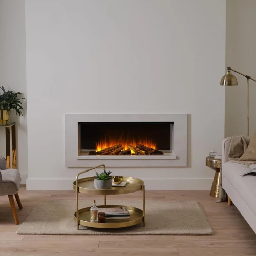 Holbury 1600 White Marble Electric Fireplace Suite by British Fires – a built-in one-sided electric fireplace with remote contro