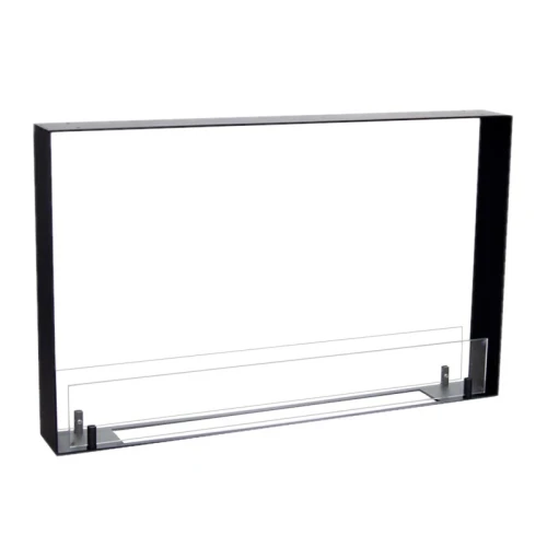 Foco Two 800 Ultra Slim Boxed bioethanol fireplace in black, featuring a sleek, see-through design with manual control.