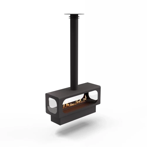 UFO Suspended bioethanol fireplace in black finish, ceiling-mounted with remote control functionality.