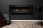 Icon Fires Nero 1750 Wall Fire in black, a stylish wall-mounted bioethanol fireplace with a 175 cm length, 9.8 kW heat output, a