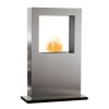 Safretti Cubico XT bioethanol fireplace in brushed stainless steel, featuring a sleek floor-standing design with a 6-8 hour burn