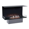 Foco Three 1000 bioethanol fireplace with a sleek black finish, offering a 3-sided view of the flames. Features remote, automati