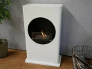 ScandiFlames White Bioethanol Fireplace with Round Cutout – Floor-standing, modern design, 1.2-litre capacity, 6-hour burn time.