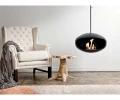 Cocoon Aeris Black with Steel Mounting Pole – a modern ceiling-mounted bioethanol fireplace with a sleek black finish and durabl