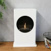 ScandiFlames White Bioethanol Fireplace with Round Cutout – Floor-standing, modern design, 1.2-litre capacity, 6-hour burn time.