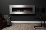 Icon Fires Nero 1750 Wall Fire in brushed steel – a modern wall-mounted bioethanol fireplace with 9.8 kW heat output and manual