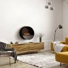 Bubble Wall bioethanol fireplace – a sleek, wall-mounted black fireplace with remote control and automatic operation.